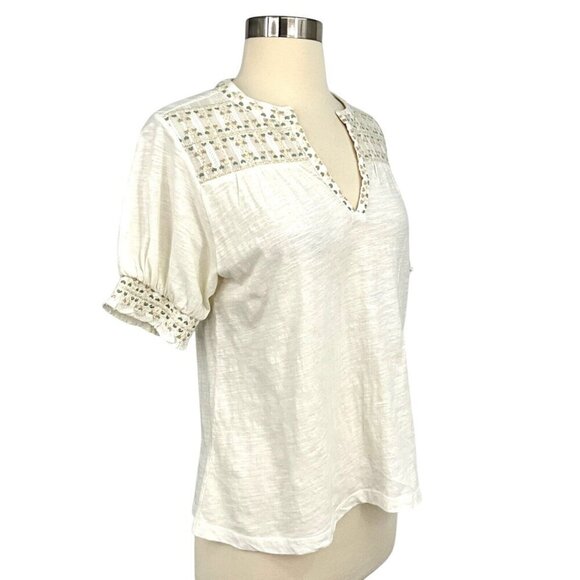 NWT Cold & Indi Camiseta White Top V Neck Size S Embroided Peasant - Picture 2 of 10